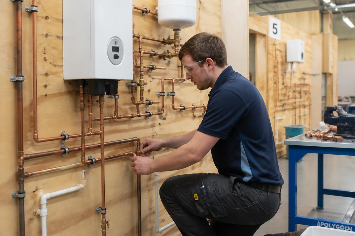 Plumber assembling pipework during a plumbing trade test